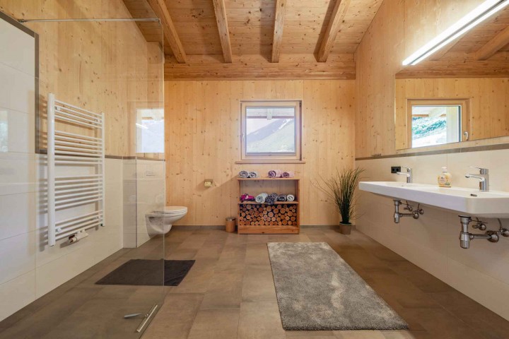 Modern bathroom with glass shower, WC, two washbasins and window
