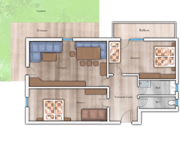 Sketch of the Lärchenwald vacation apartment with room layout